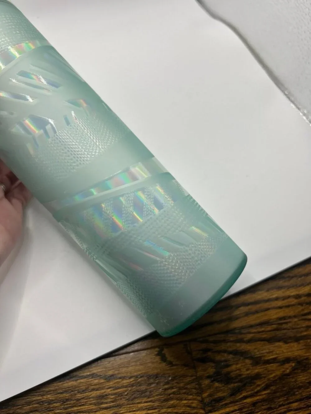 Starbucks light mint green iridescent 16 ounce tumbler with lid, no straw